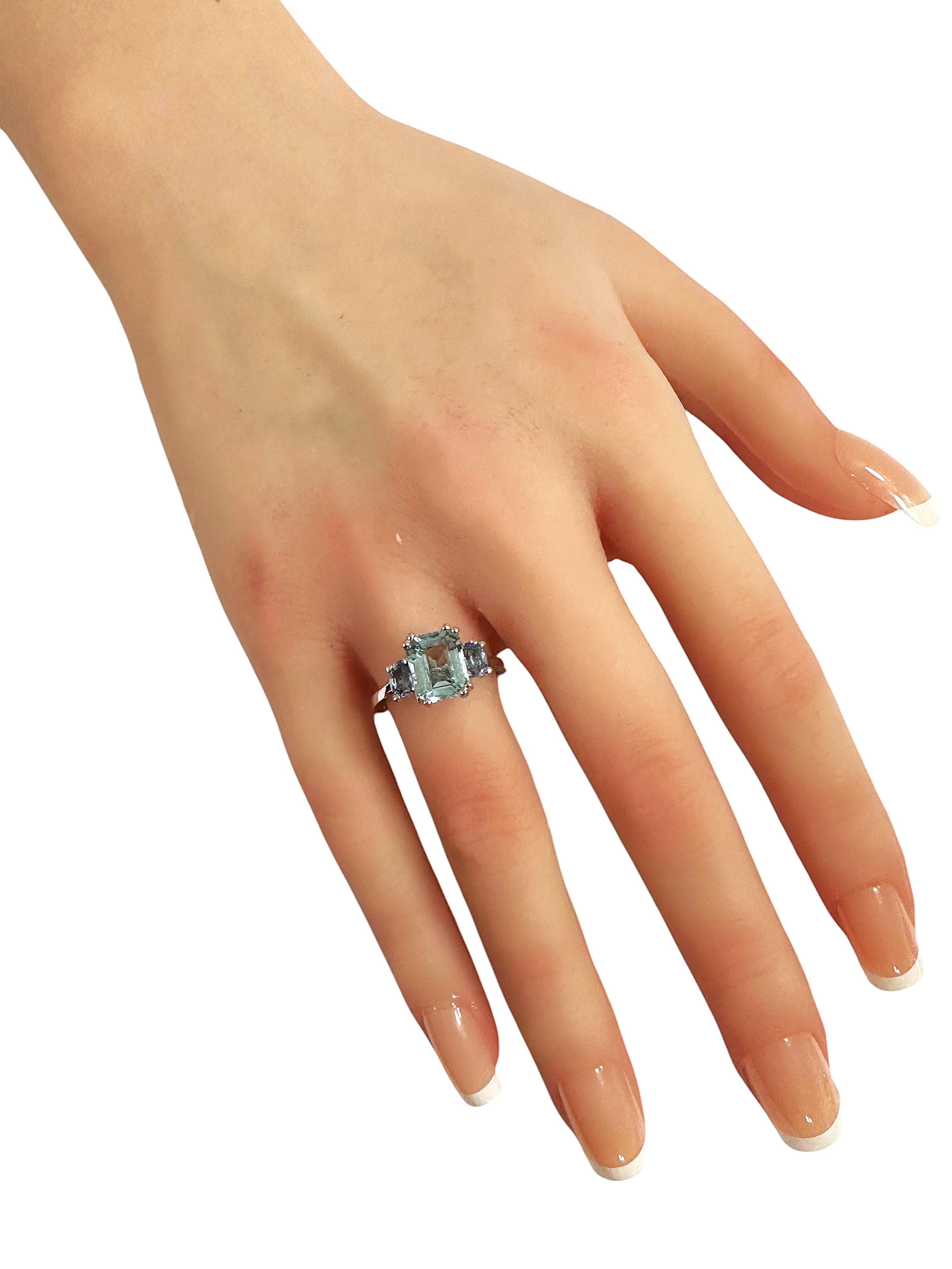 Women's New 3.20 Carat Sea Blue Aquamarine & Oval Cut Sapphire Sterling Ring
