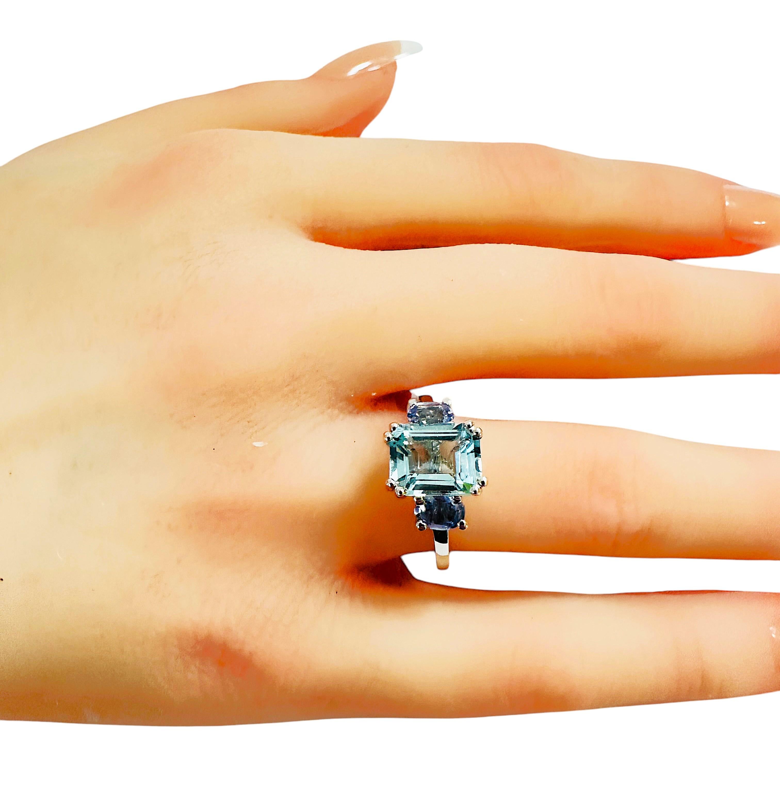New 3.20 Carat Sea Blue Aquamarine & Oval Cut Sapphire Sterling Ring 1