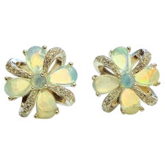New 3.34 Carat Fire Opal & Sapphire Post 14k White Gold PL Sterling Earrings
