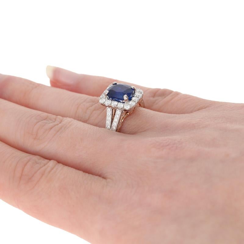 3.34 Carat Cushion Cut Sapphire and Diamond Ring, 18k White Gold Milgrain Halo In New Condition In Greensboro, NC