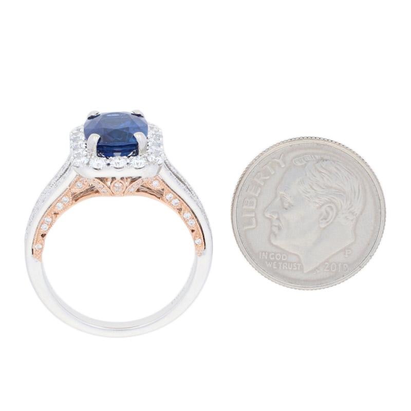 Women's 3.34 Carat Cushion Cut Sapphire and Diamond Ring, 18k White Gold Milgrain Halo