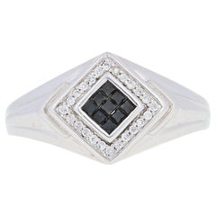 New .33ctw Princess Cut Black Diamond Ring, Sterling Silver Men's Cluster Halo