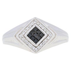 Vintage New .33ctw Princess Cut Black Diamond Ring, Sterling Silver Men's Cluster Halo