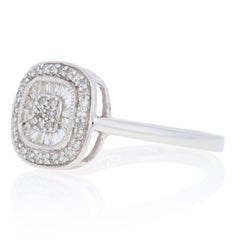 New .33ctw Single & Baguette Cut Diamond Ring, Silver Cluster Double Halo
