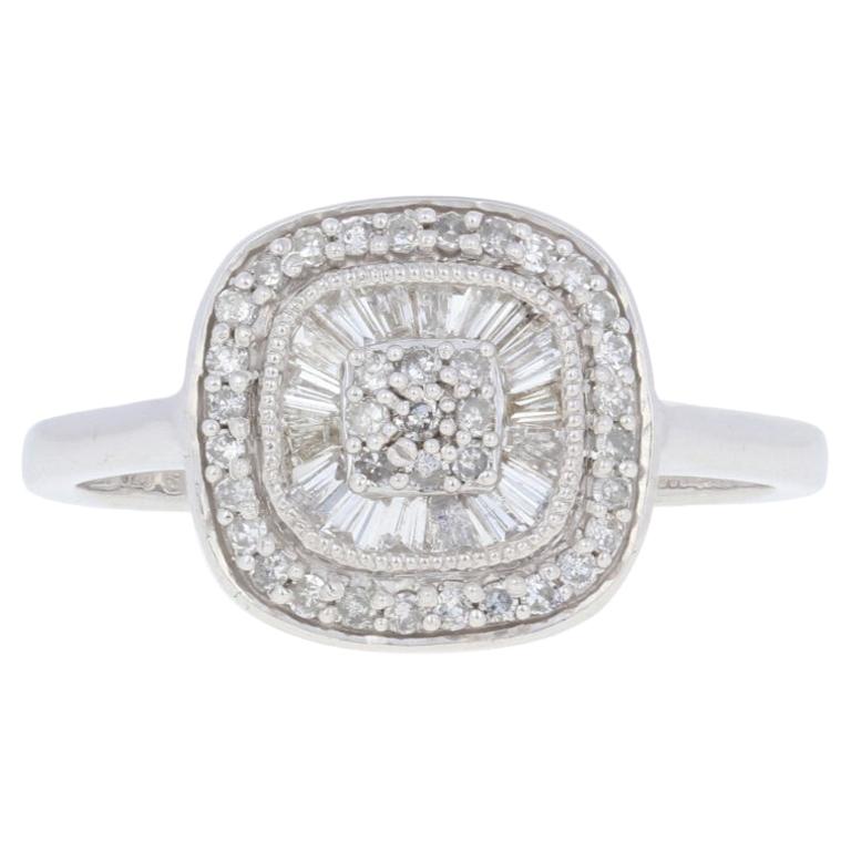 For Sale:  New .33ctw Single & Baguette Cut Diamond Ring, Silver Cluster Double Halo
