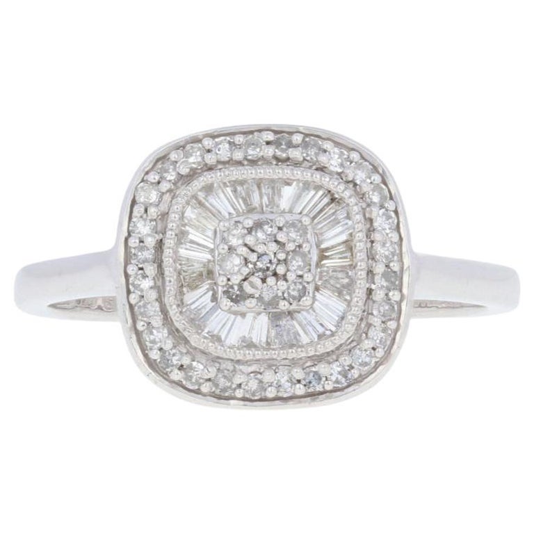 New .33ctw Single & Baguette Cut Diamond Ring, Silver Cluster Double Halo