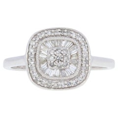 New .33ctw Single & Baguette Cut Diamond Ring, Silver Cluster Double Halo