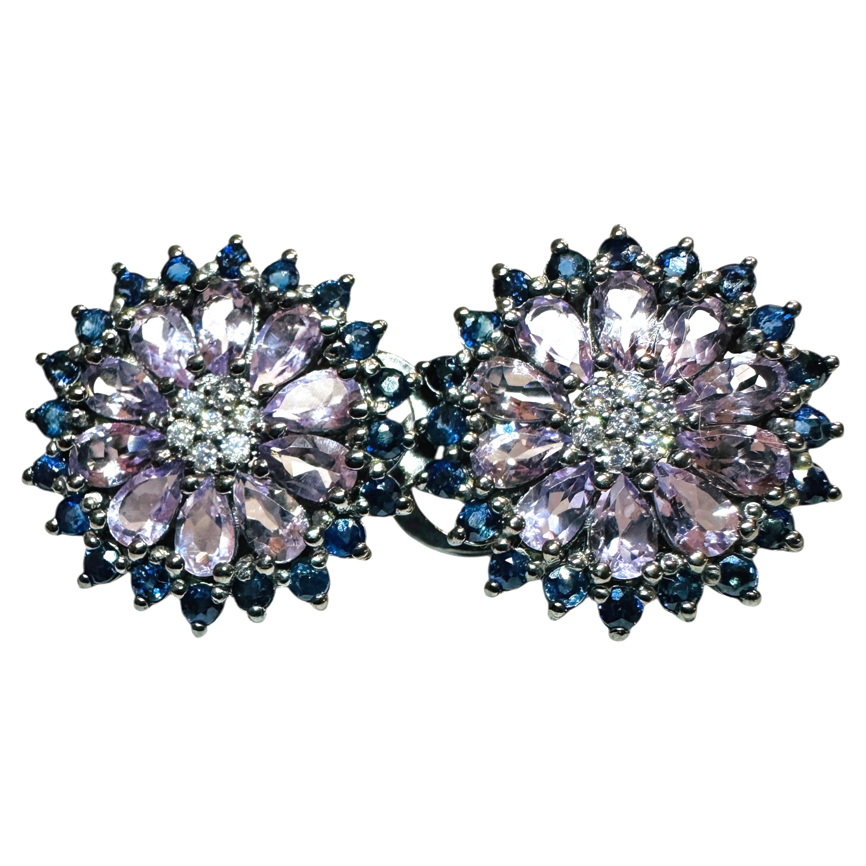 Nuevo Pendientes Omega de Plata de Ley de 3,4 Quilates de Amatista y Zafiro talla Diamante Oxy Negro