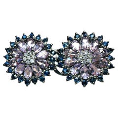 New 3.4 Carat Amethyst & Diamond Cut Sapphire Oxy Black Sterling Omega Earrings