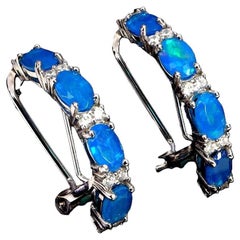 New 3.44 Carat Ethiopian Blue Opal & Diamond Cut Sapphire Sterling Earrings