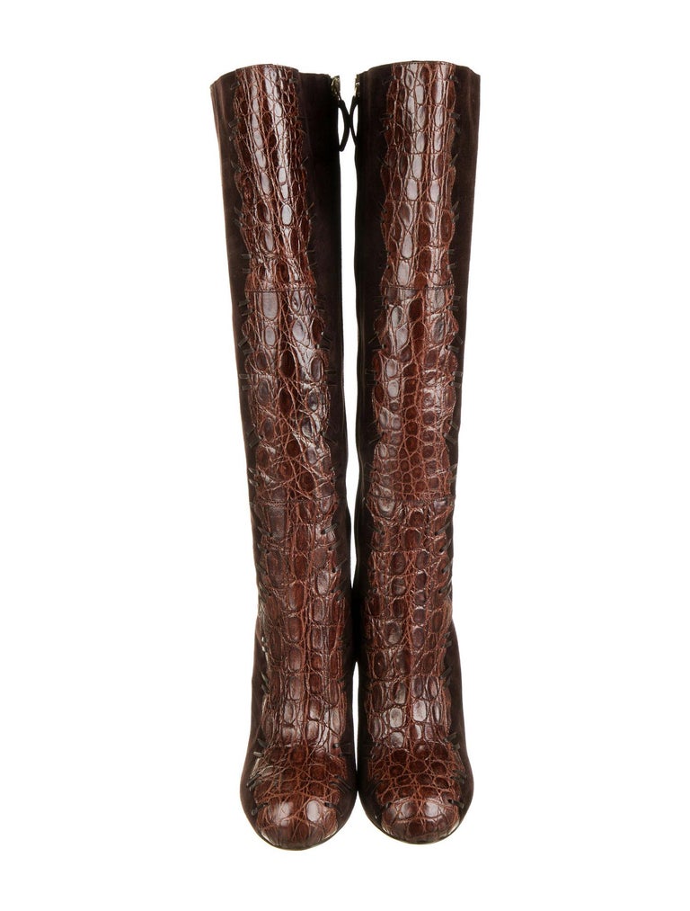 Bottes à talons hauts en daim marron et alligator Roberto Cavalli