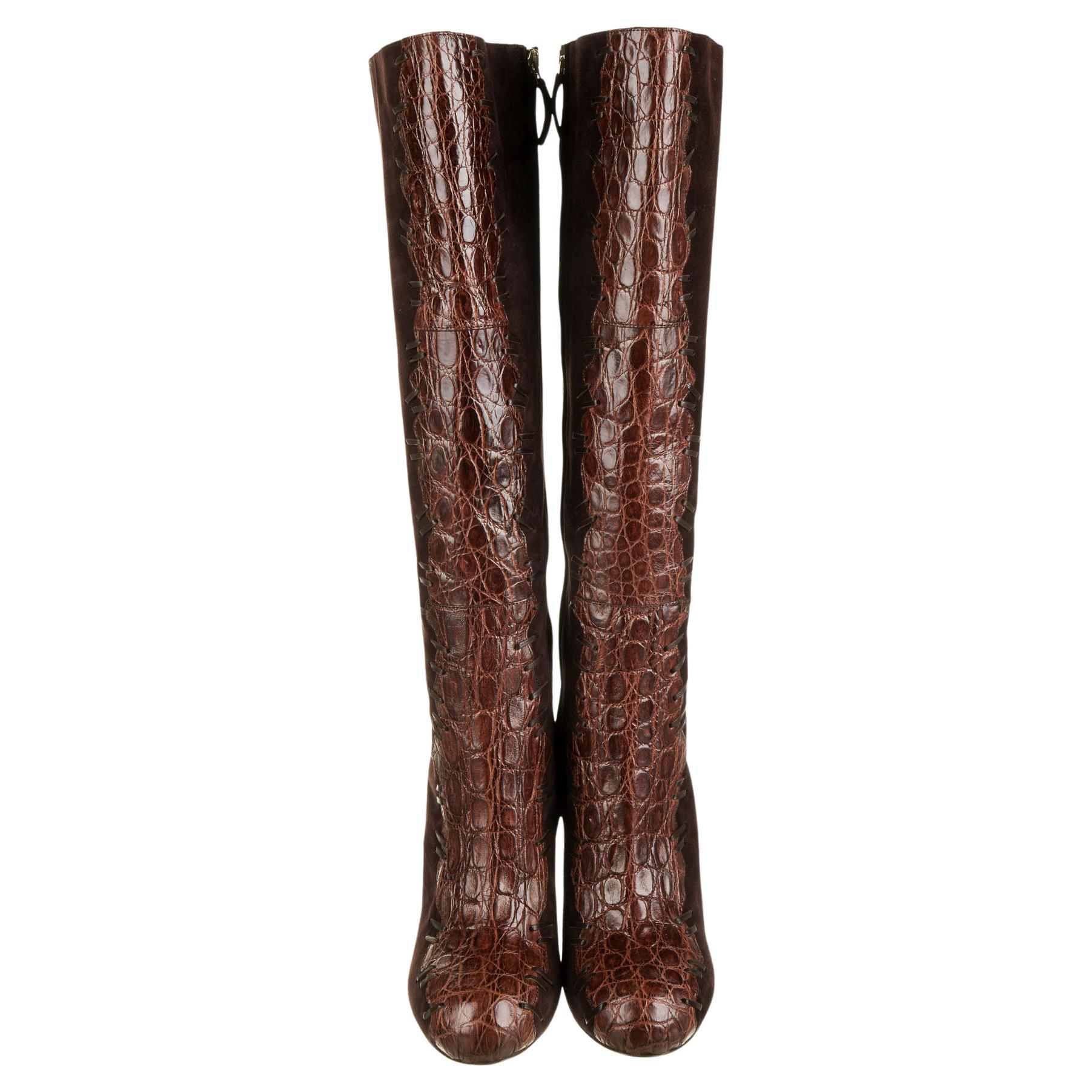 New $3450 Roberto Cavalli Brown Alligator Suede High Heel Knee Boots It 39  US 9 For Sale