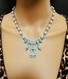 Nuova collana in oro bianco 14k con larimar e zaffiro da 36,5 carati, chiusura a moschettone, lunghezza 47 cm