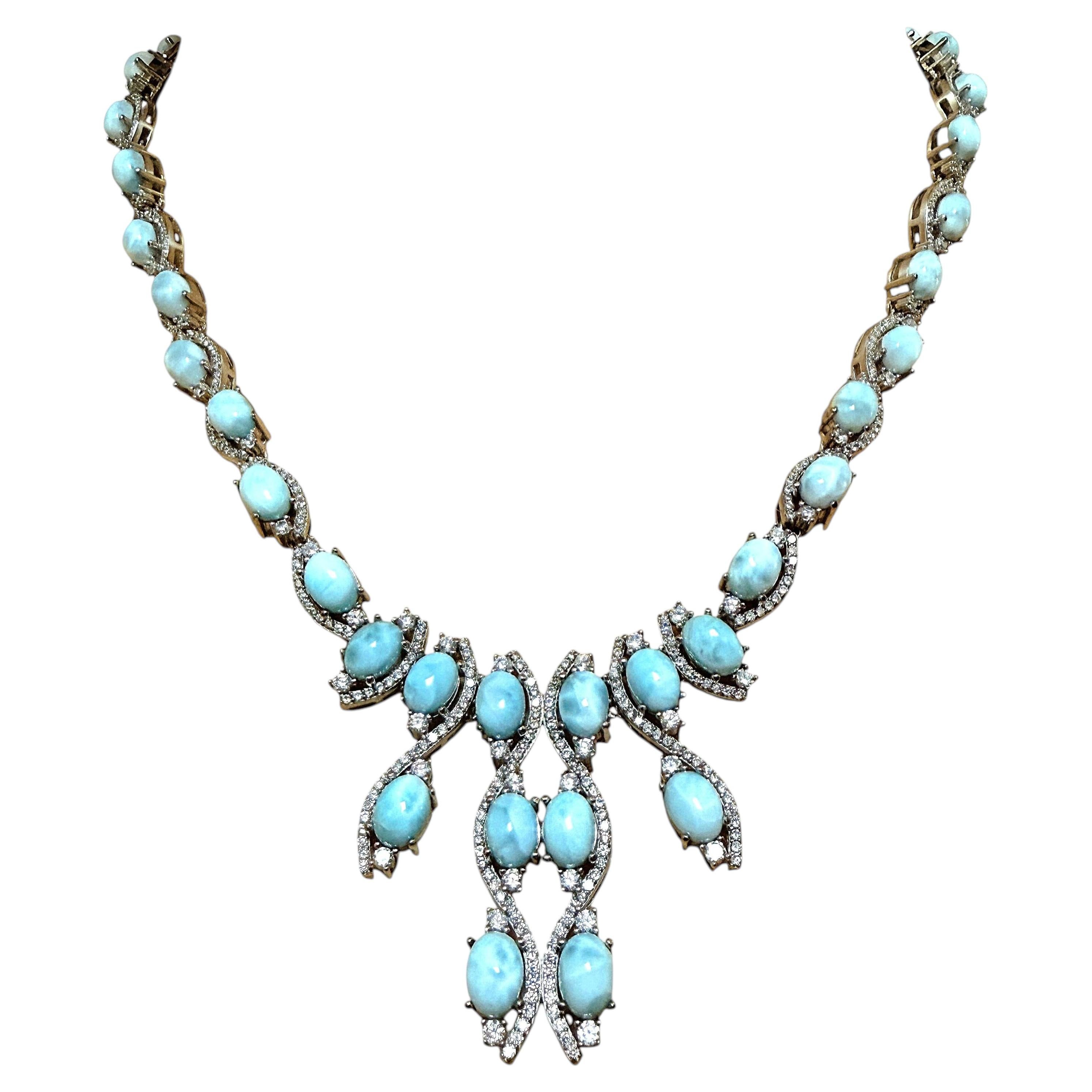 New 36.5 Carat Larimar & Sapphire 14k White Gold PL Sterling Necklace 18.5" For Sale