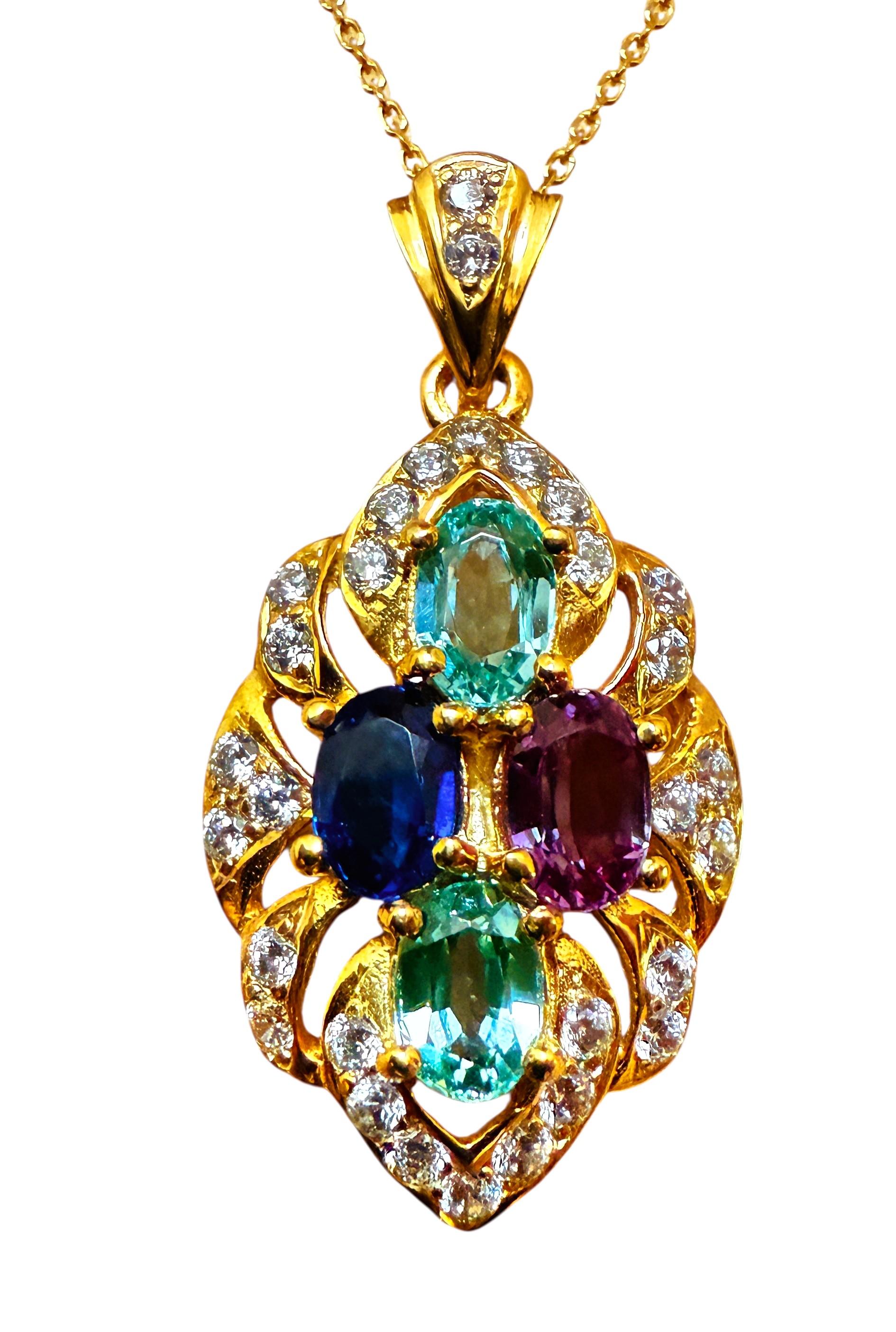 New 3.70 Carat Sapphire & Diamond Cut Y Gold PL Sapphire Sterling Necklace For Sale 4