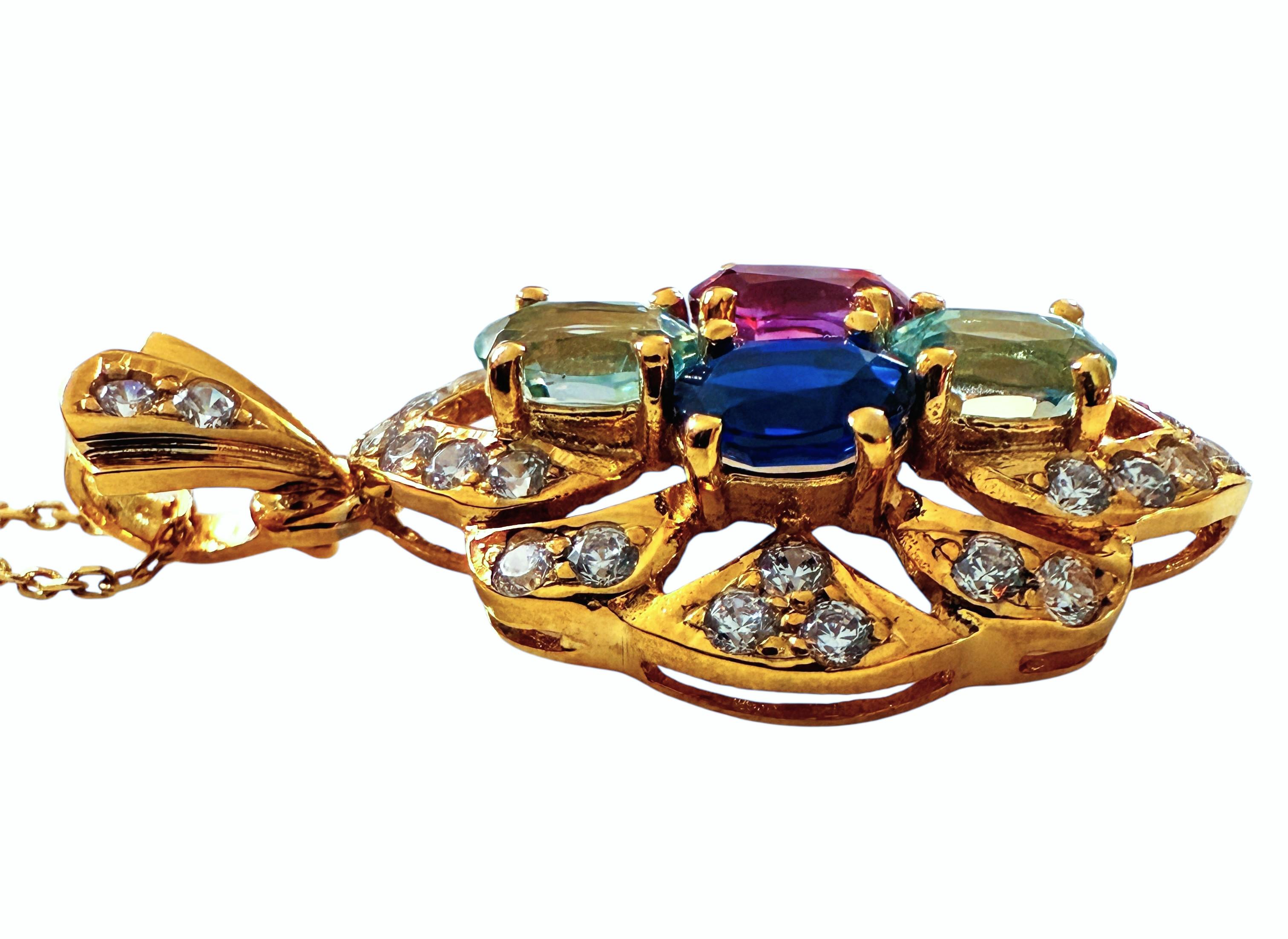 Oval Cut New 3.70 Carat Sapphire & Diamond Cut Y Gold PL Sapphire Sterling Necklace For Sale