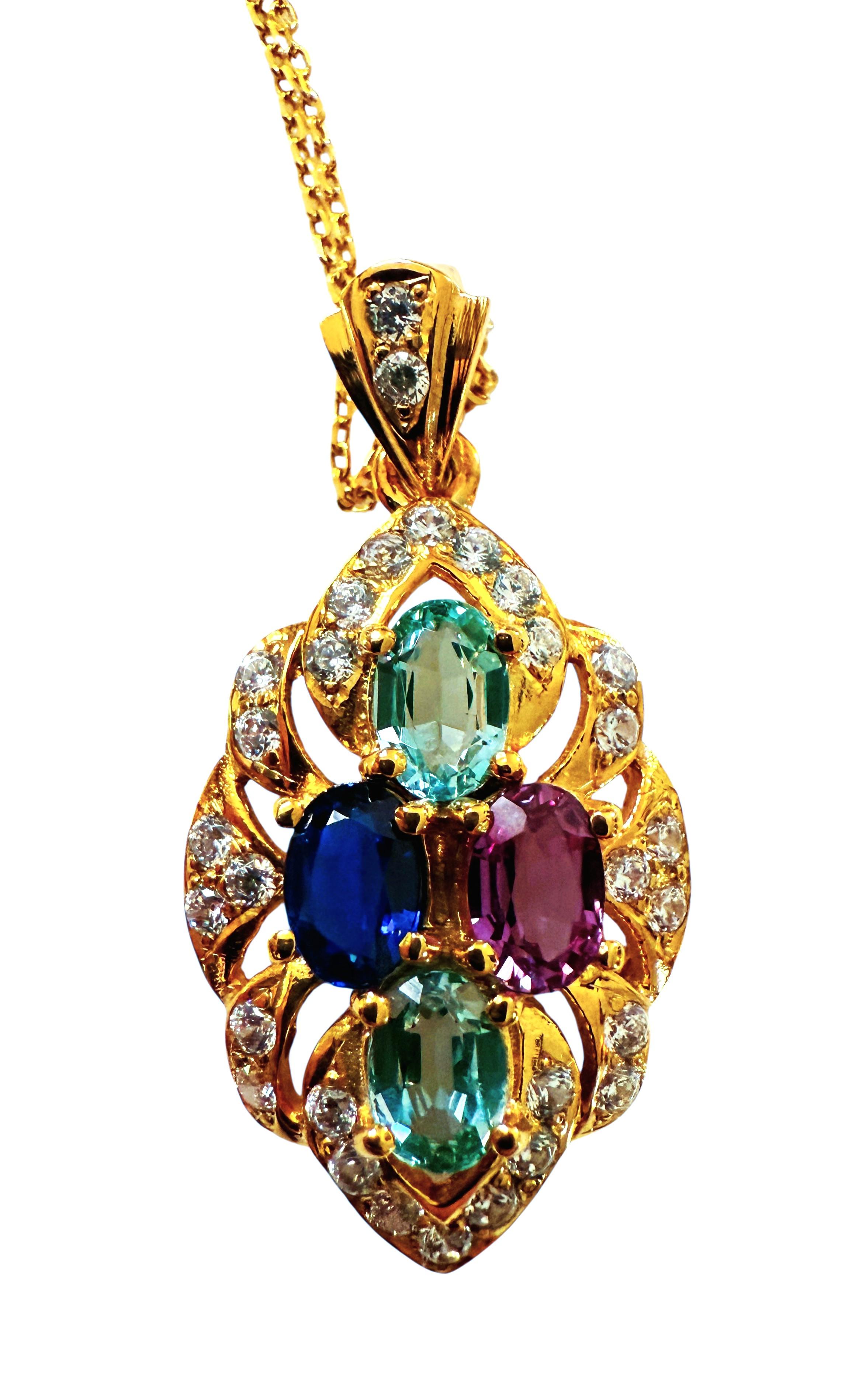 Women's New 3.70 Carat Sapphire & Diamond Cut Y Gold PL Sapphire Sterling Necklace For Sale