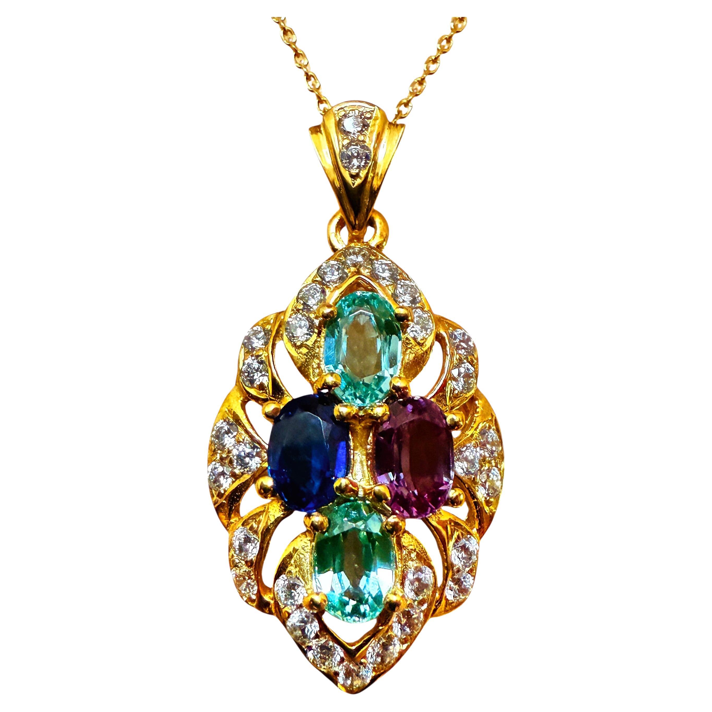 New 3.70 Carat Sapphire & Diamond Cut Y Gold PL Sapphire Sterling Necklace For Sale