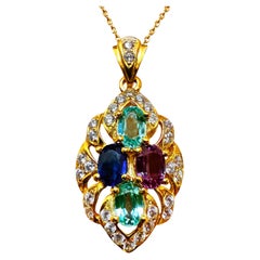 New 3.70 Carat Sapphire & Diamond Cut Y Gold PL Sapphire Sterling Necklace