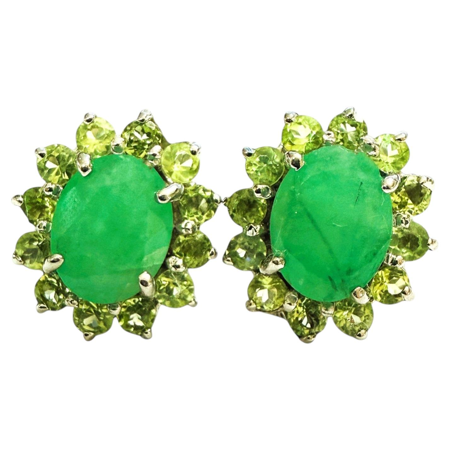 New 3.72 Carat Emerald & .72 Peridot 14k White Gold Pl Sterling Earrings For Sale