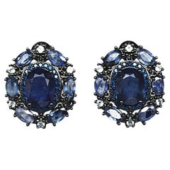 New 3.72 Carat Sapphire & Diamond Cut Blue Zircon Oxi-Black PL Sterling Earrings