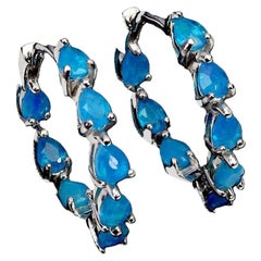 New 3.78 Carat Ethiopian Blue Opal Hoop 14k W Gold PL Sterling Silver Earrings