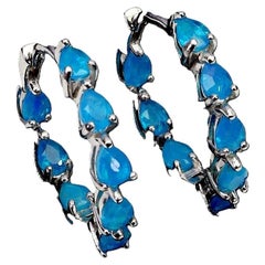 New 3.78 Carat Ethiopian Blue Opal Hoop 14k W Gold PL Sterling Silver Earrings