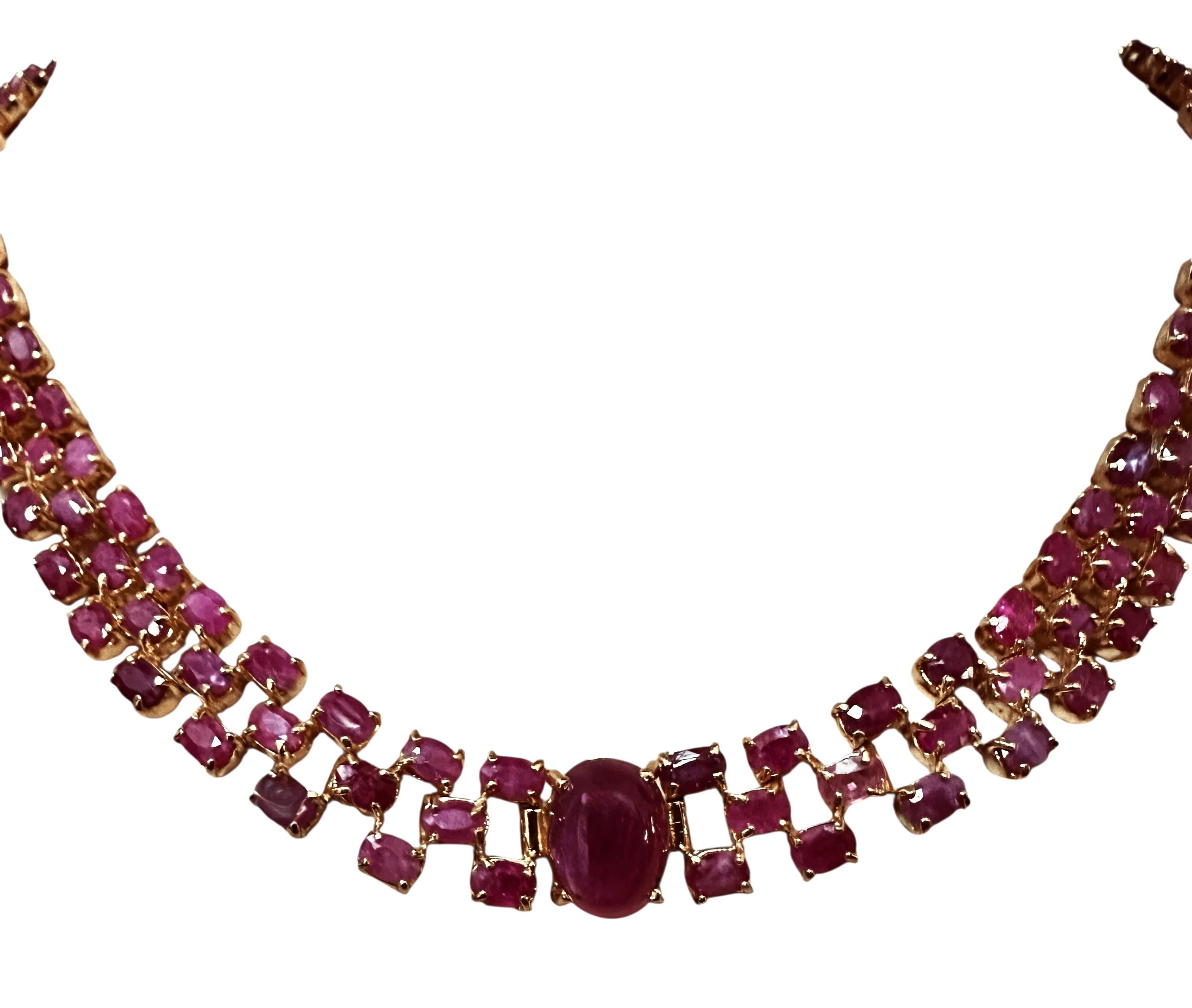 Art Déco New 38 Carat Ruby Cabochon & Oval Cut Ruby Y Gold PL Sterling Silver Necklace in vendita