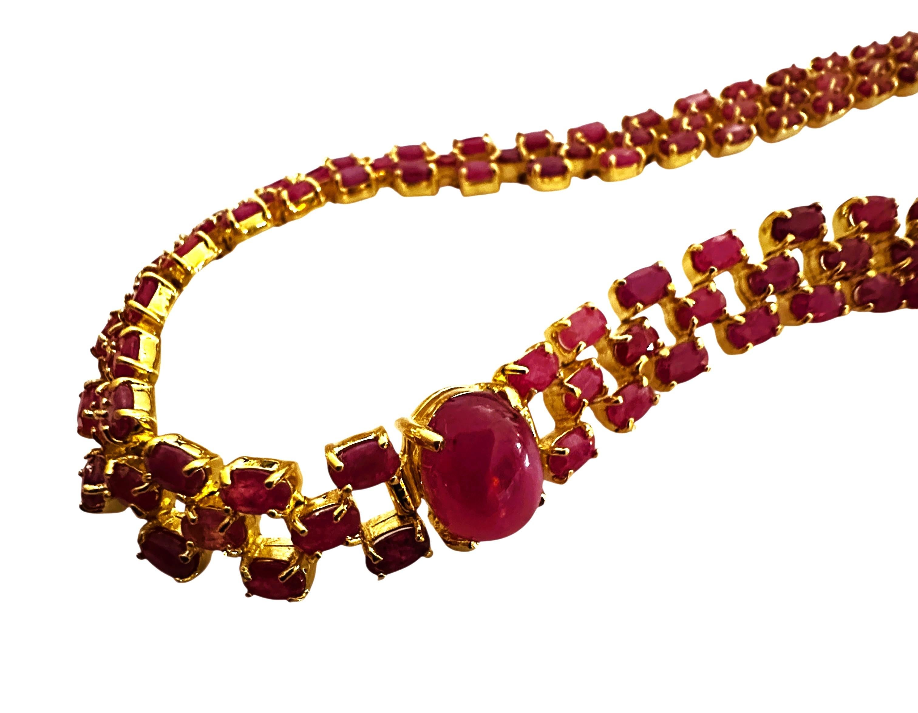 Donna New 38 Carat Ruby Cabochon & Oval Cut Ruby Y Gold PL Sterling Silver Necklace in vendita