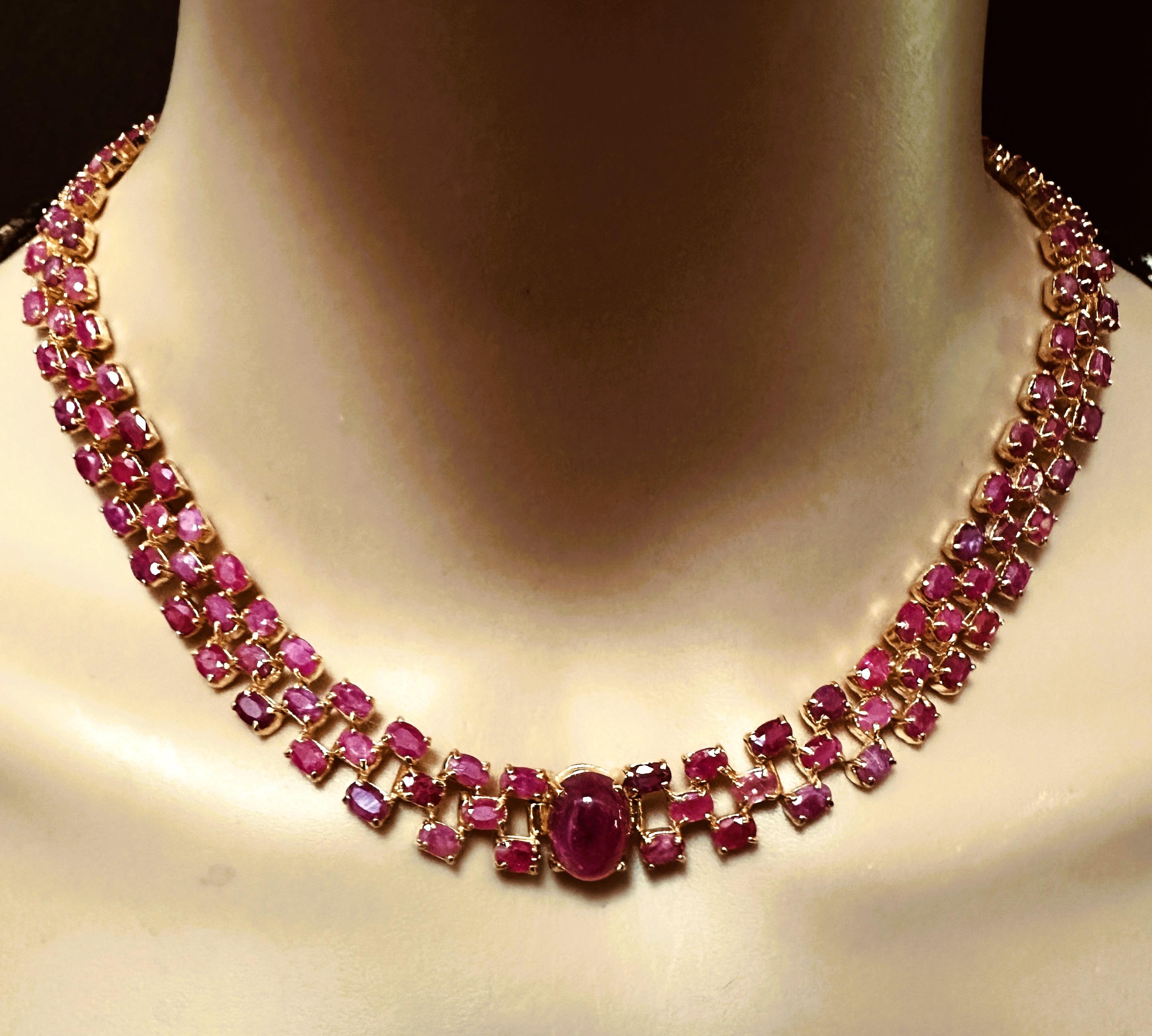 New 38 Carat Ruby Cabochon & Oval Cut Ruby Y Gold PL Sterling Silver Necklace in vendita 2
