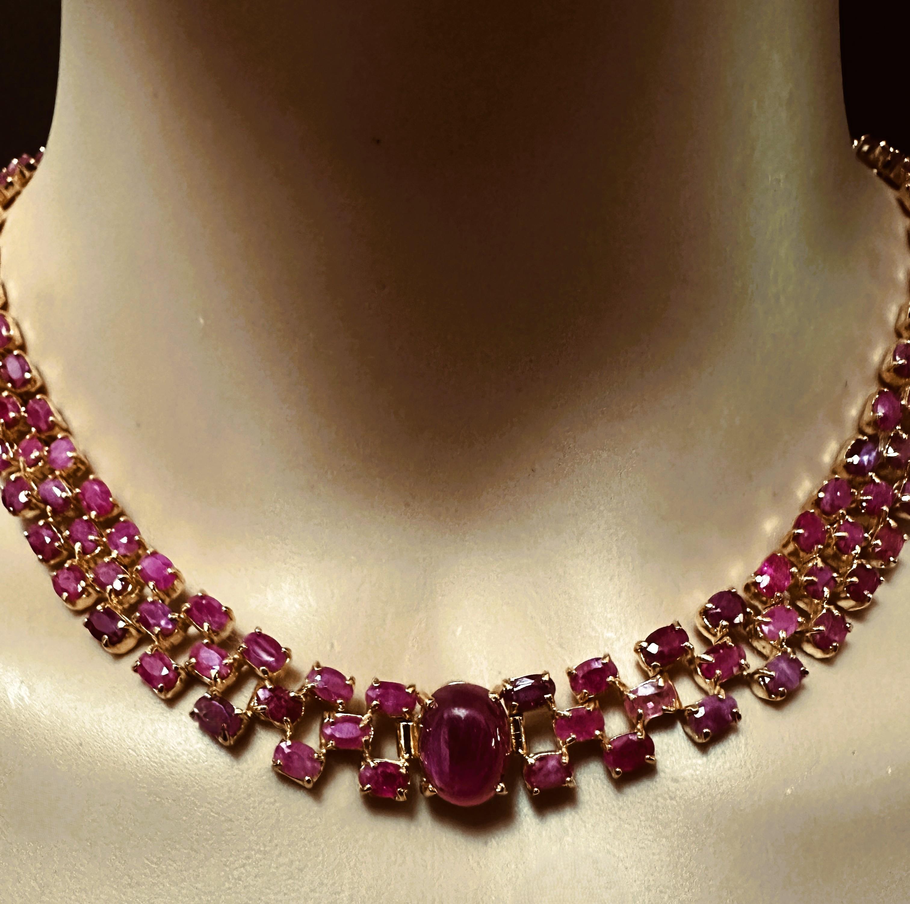 New 38 Carat Ruby Cabochon & Oval Cut Ruby Y Gold PL Sterling Silver Necklace in vendita 3