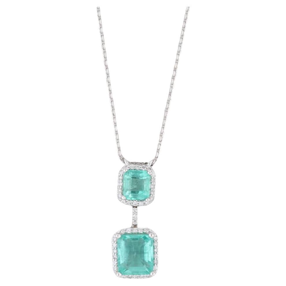 New 3.8ctw Emerald Diamond Halo Pendant Necklace 14k White Gold 18" Cable Chain For Sale