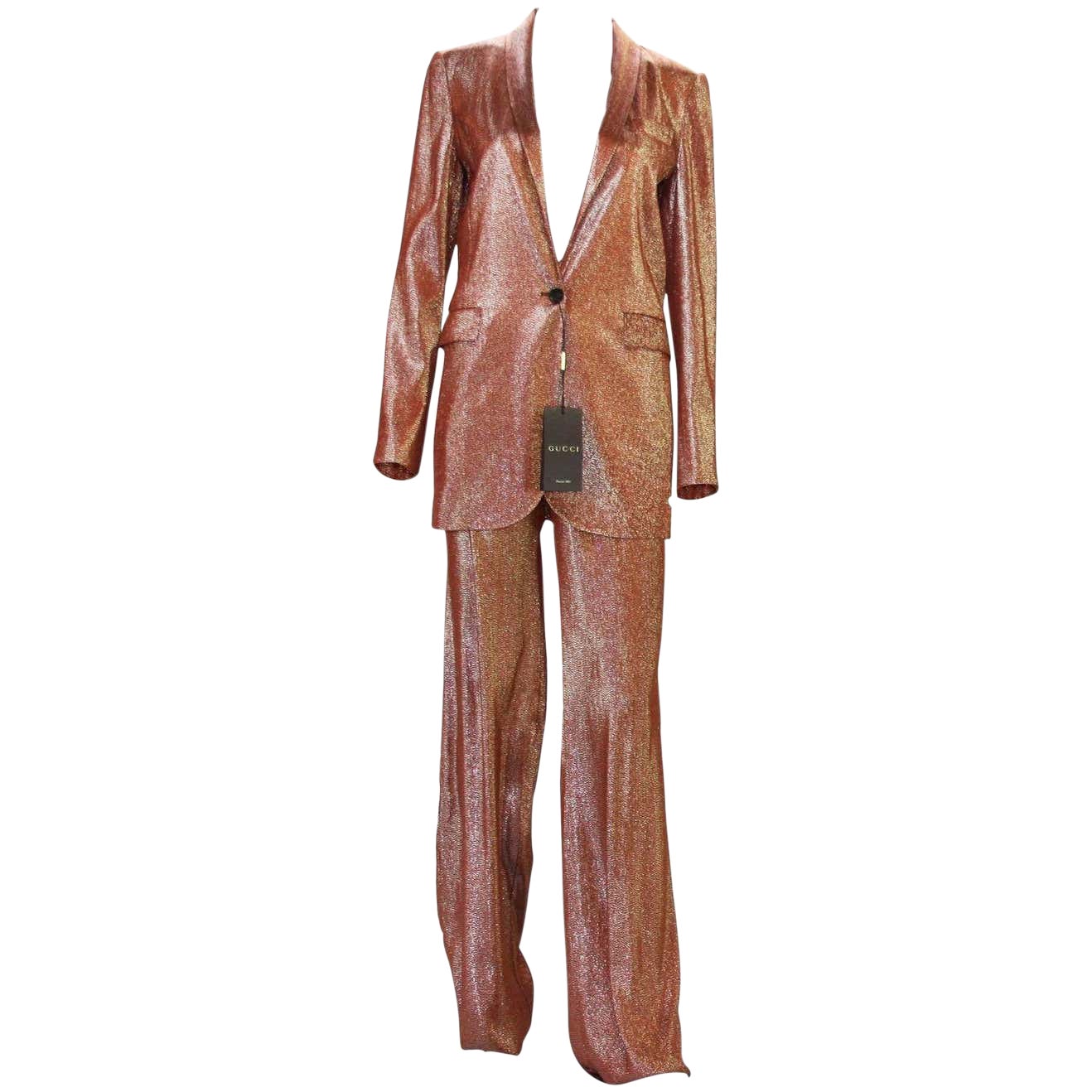 New $3950 Runway GUCCI Suit Iridescent Rust Liquid Lame Jacket 
Pants size 40