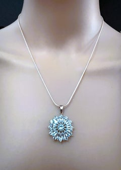New 4 Carat Marquise Sky Blue Topaz Sunburst 14k Gold PL Sterling Necklace 18"