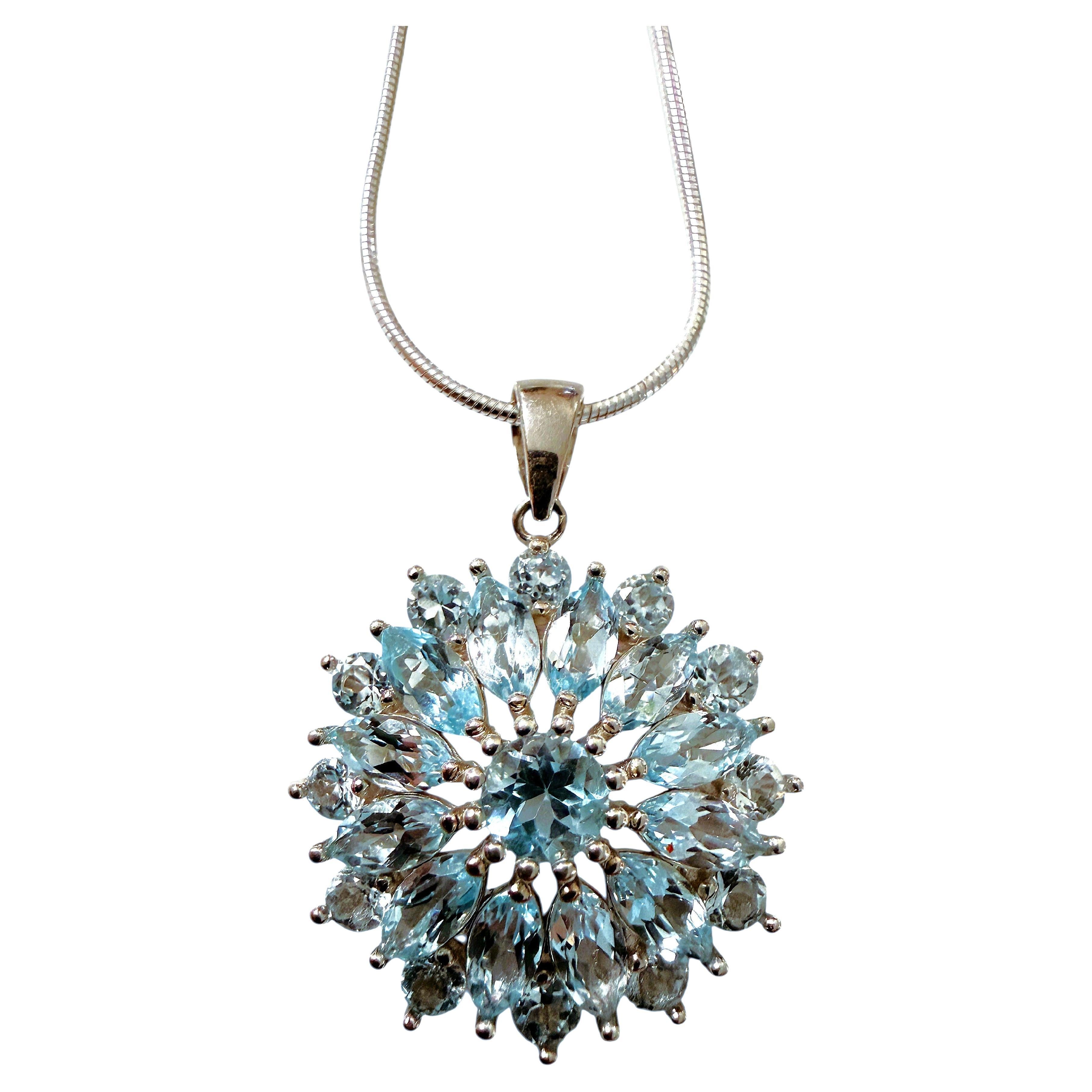 New 4 Carat Marquise Sky Blue Topaz Sunburst 14k Gold PL Sterling Necklace 18"