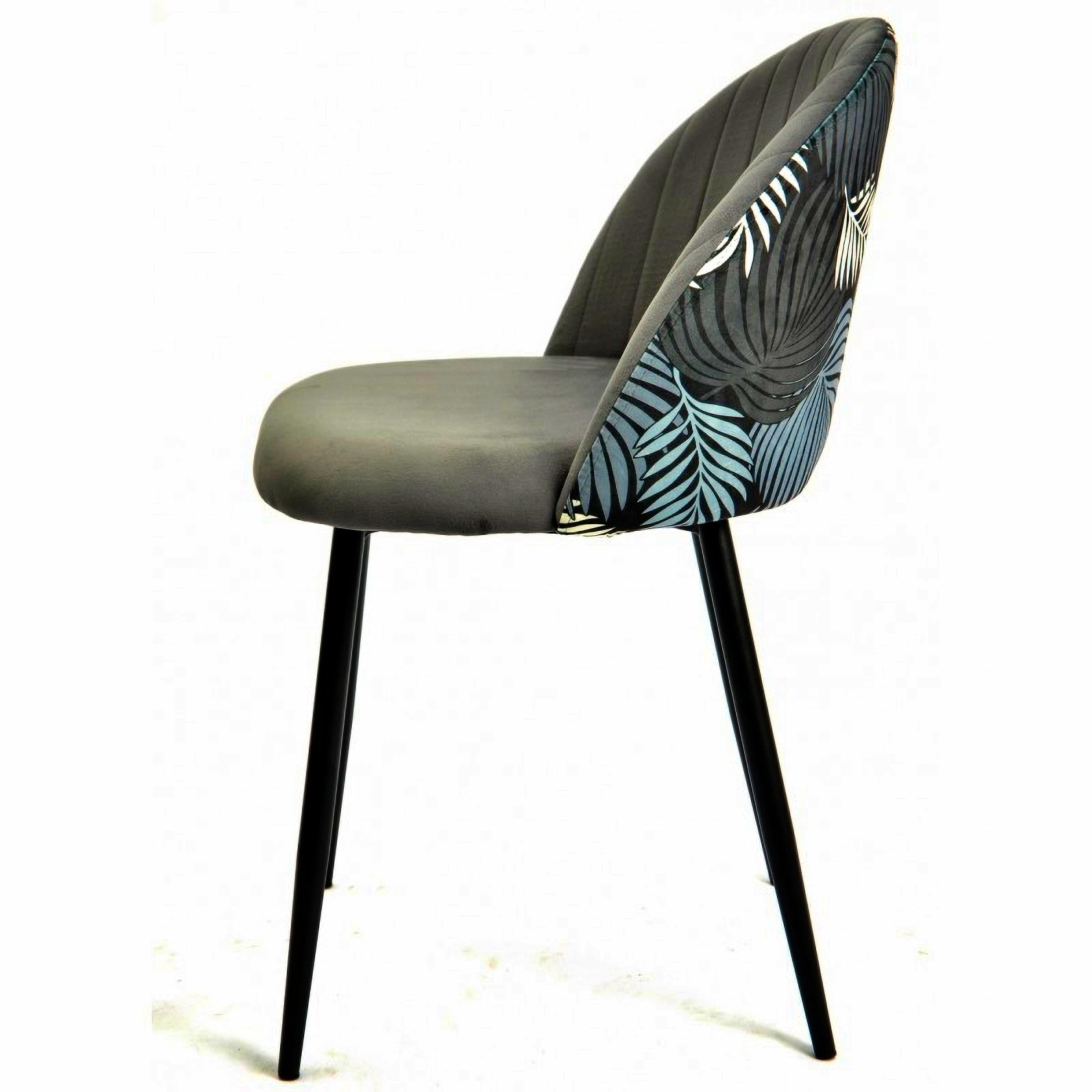 Modern New 4 Gray Velvet Upholstered Chairs with Floral Back For Sale