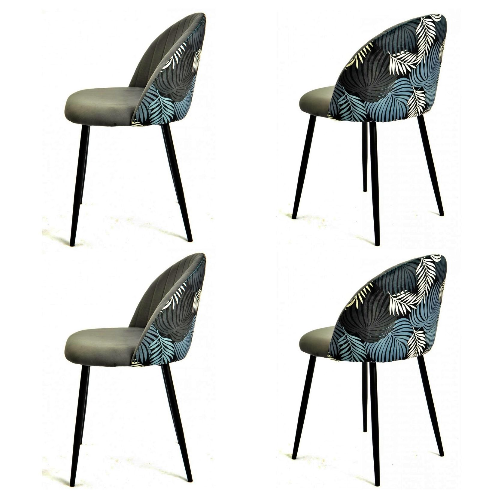Spanish New 4 Gray Velvet Upholstered Chairs with Floral Back For Sale