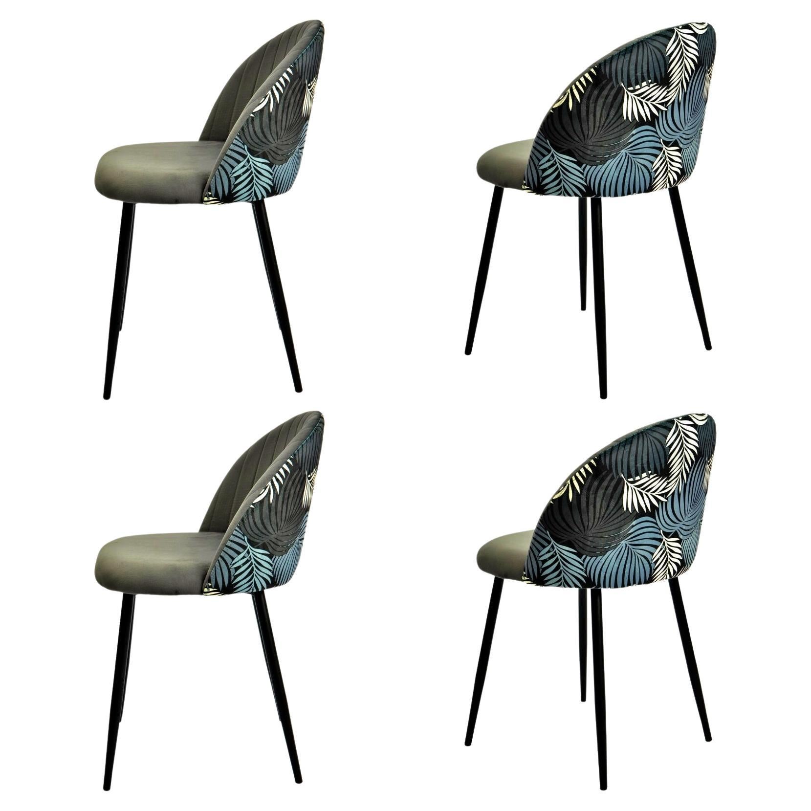 New 4 Gray Velvet Upholstered Chairs with Floral Back For Sale