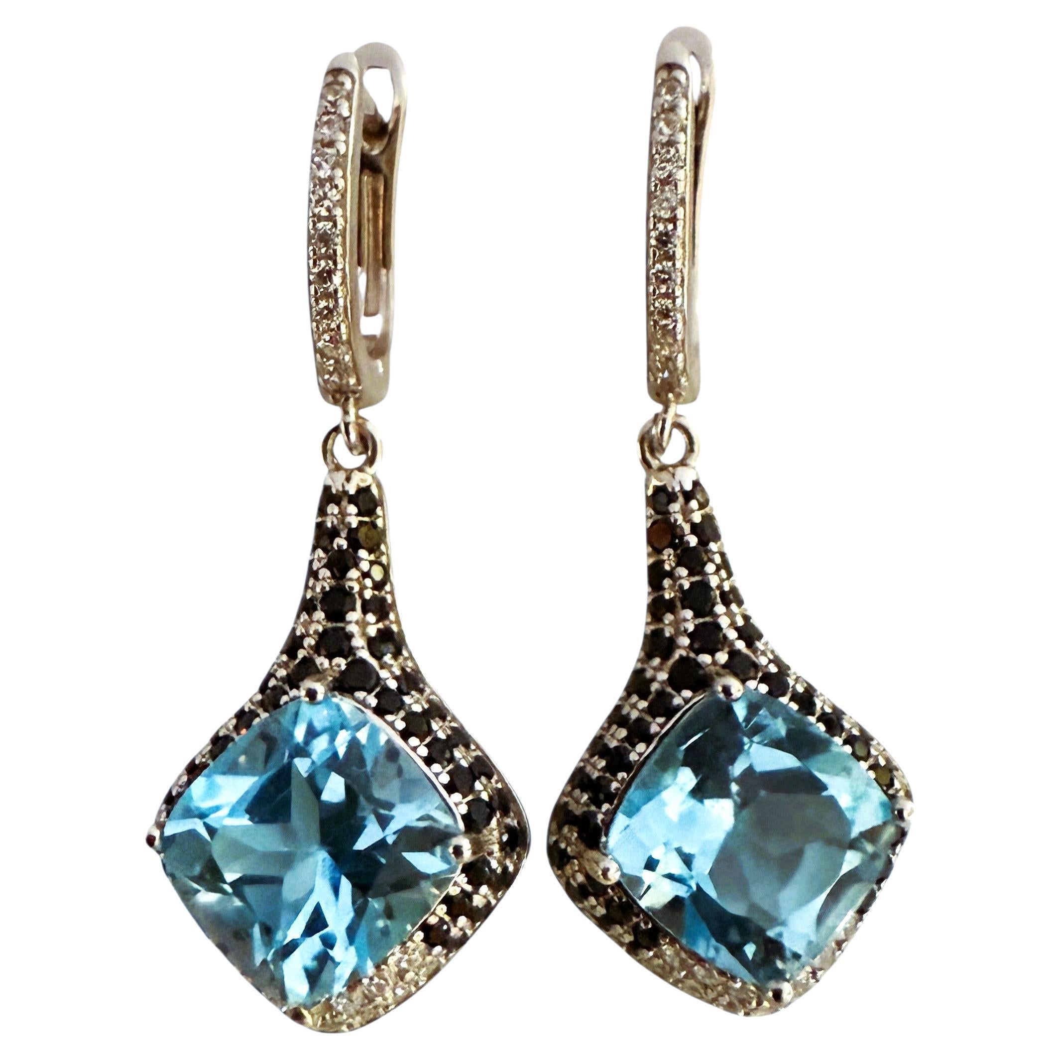 New 4.08 Carat Blue Topaz & Diamond Cut Sapphire Dangle English Lock Earrings