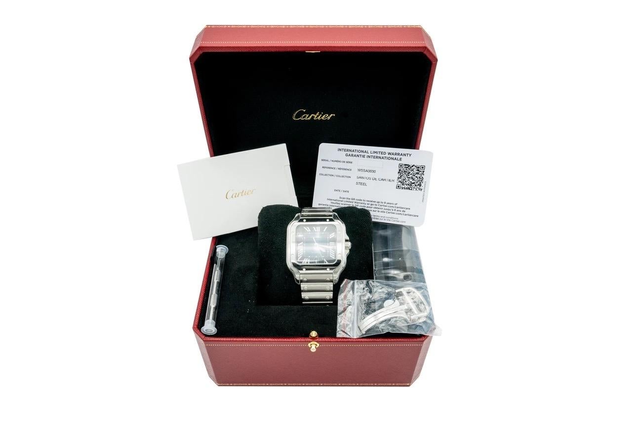 Brand:	Cartier
Model:	Santos De Cartier
Reference:	WSSA0030
Condition:	NEW
Case Size:	40mm
Case Thickness:	9.08mm
Case Material:	Stainless Steel & Leather
Bracelet:	Stainless Steel
Dial
