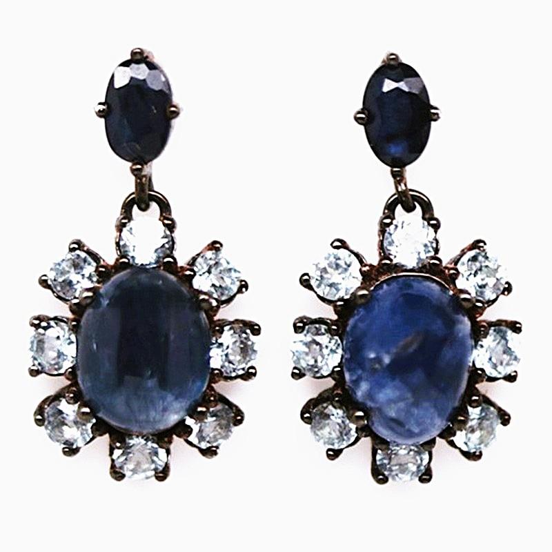 Neue 4,14 Karat Saphir & Diamantschliff Topas Oxi-Schwarz Sterling Silber Ohrringe (Cabochon)