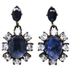 New 4.14 Carat Sapphire & Diamond Cut Topaz Oxi-Black Sterling Silver Earrings