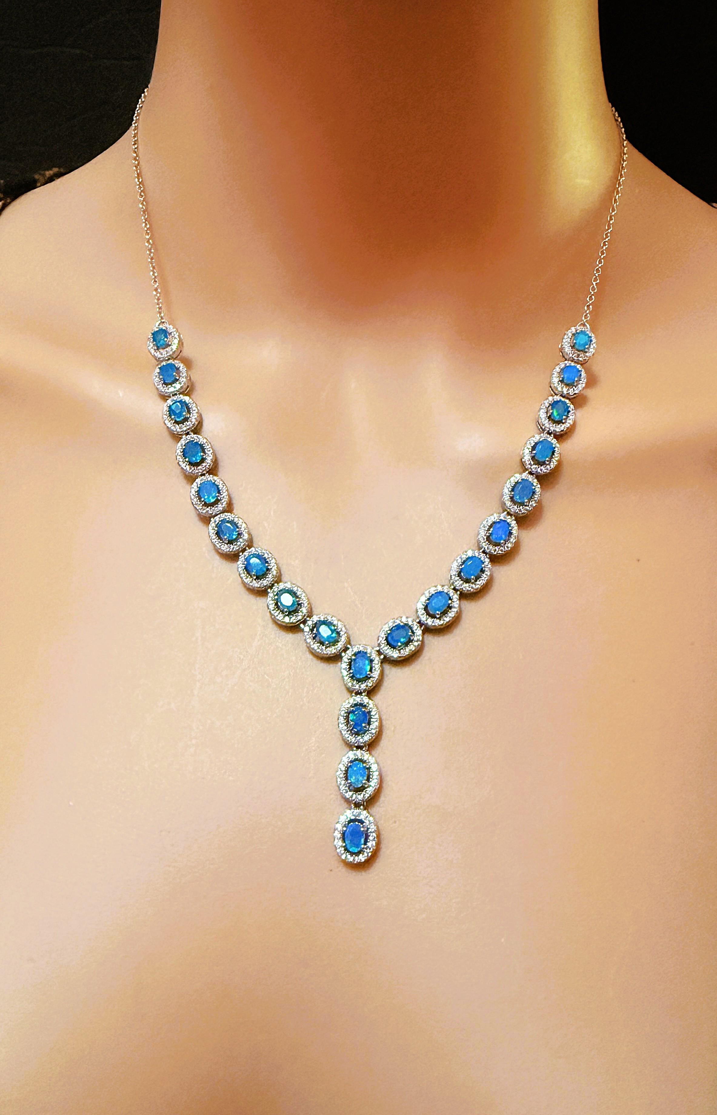 Nuevo Collar de Esterlina de 4,18 Quilates de Ópalo Azul y Zafiro talla Diamante 20 Pulgadas Art Decó en venta