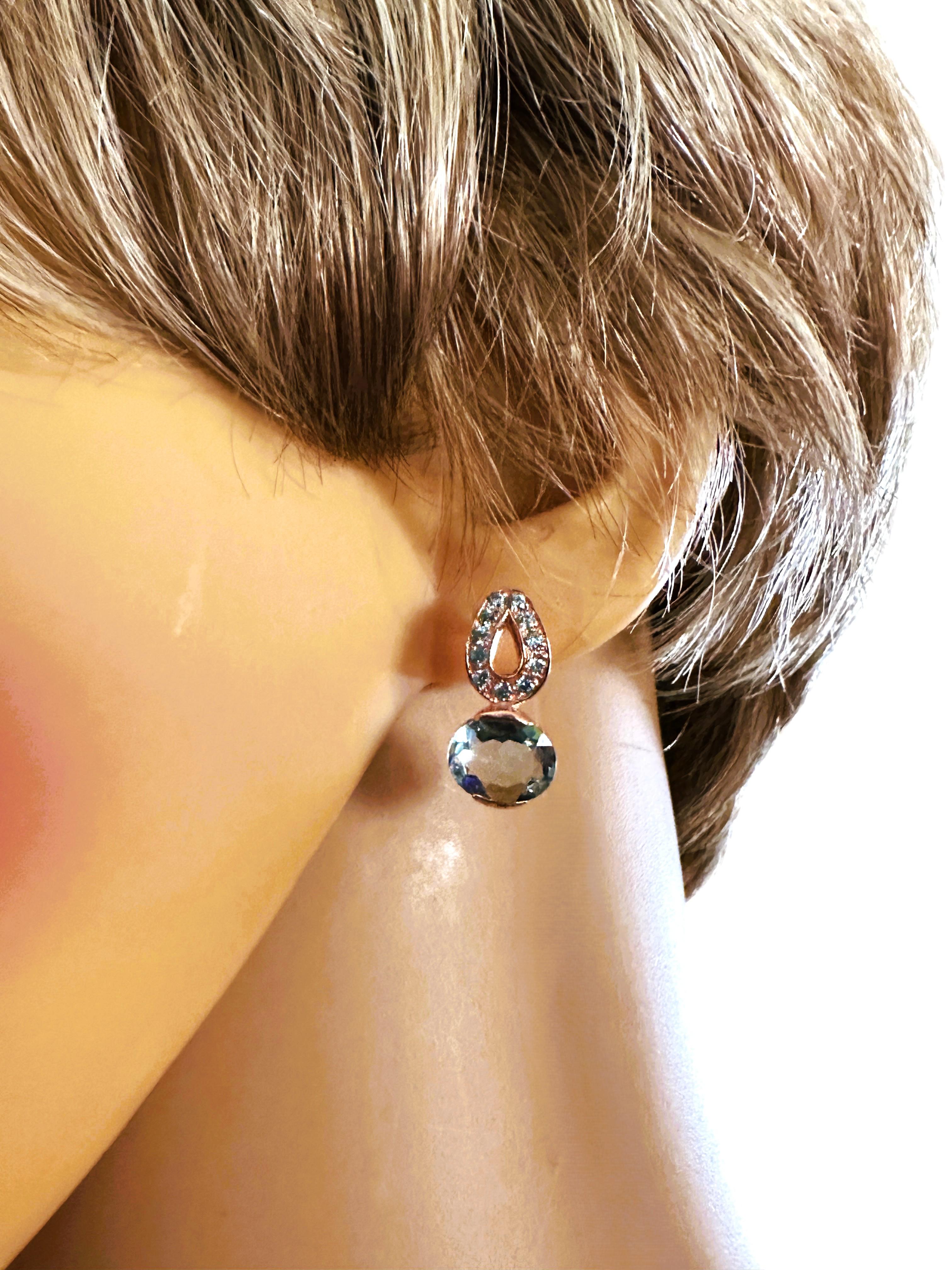 Art Deco New 4.20 Carat Aquamarine & Diamond Cut Sapphire R Gold PL Sterling Earrings