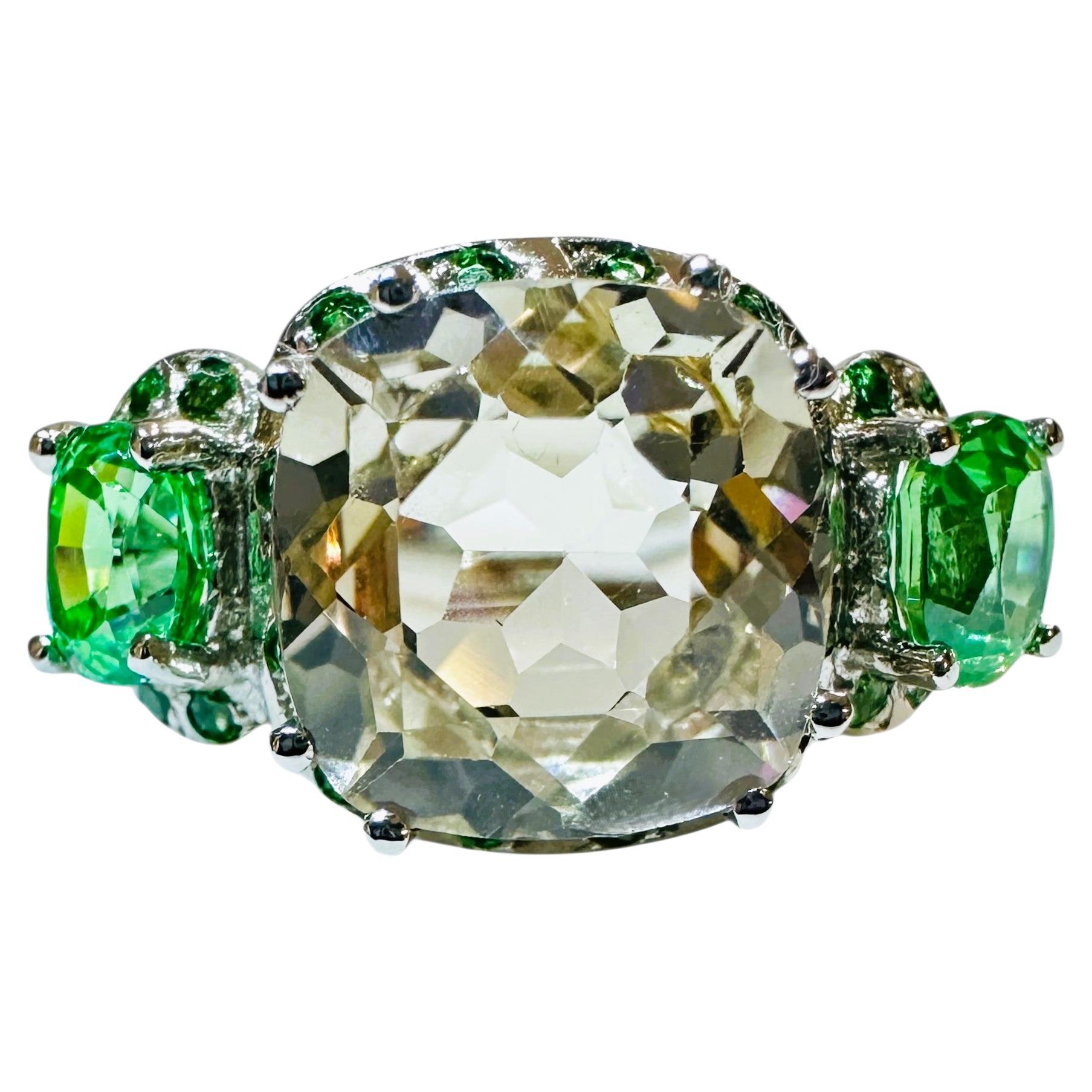 New 4.25 Carat Green Sapphire & Diamond Cut Tsavorite Sterling Silver Ring
