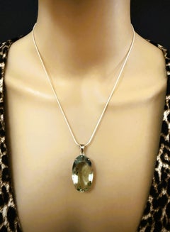 New 43 Carat Fancy Cut Green Amethyst Sterling Pendant Necklace