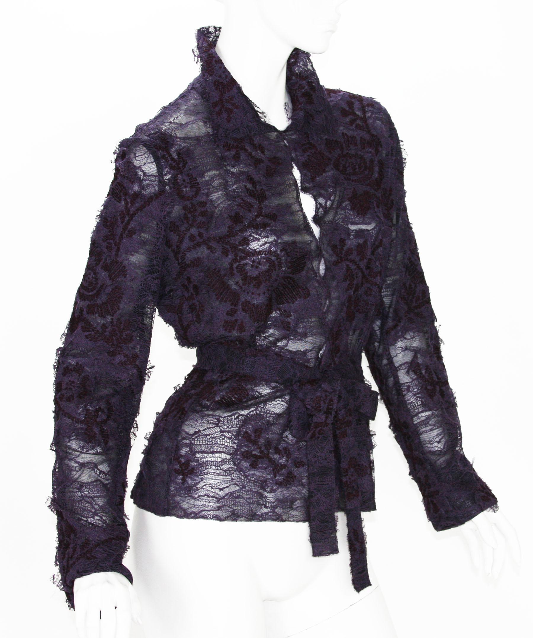 Black New $4395 Tom Ford for Yves Saint Laurent F/W 2001 Lace Belted Plum Blouse Fr 42 For Sale
