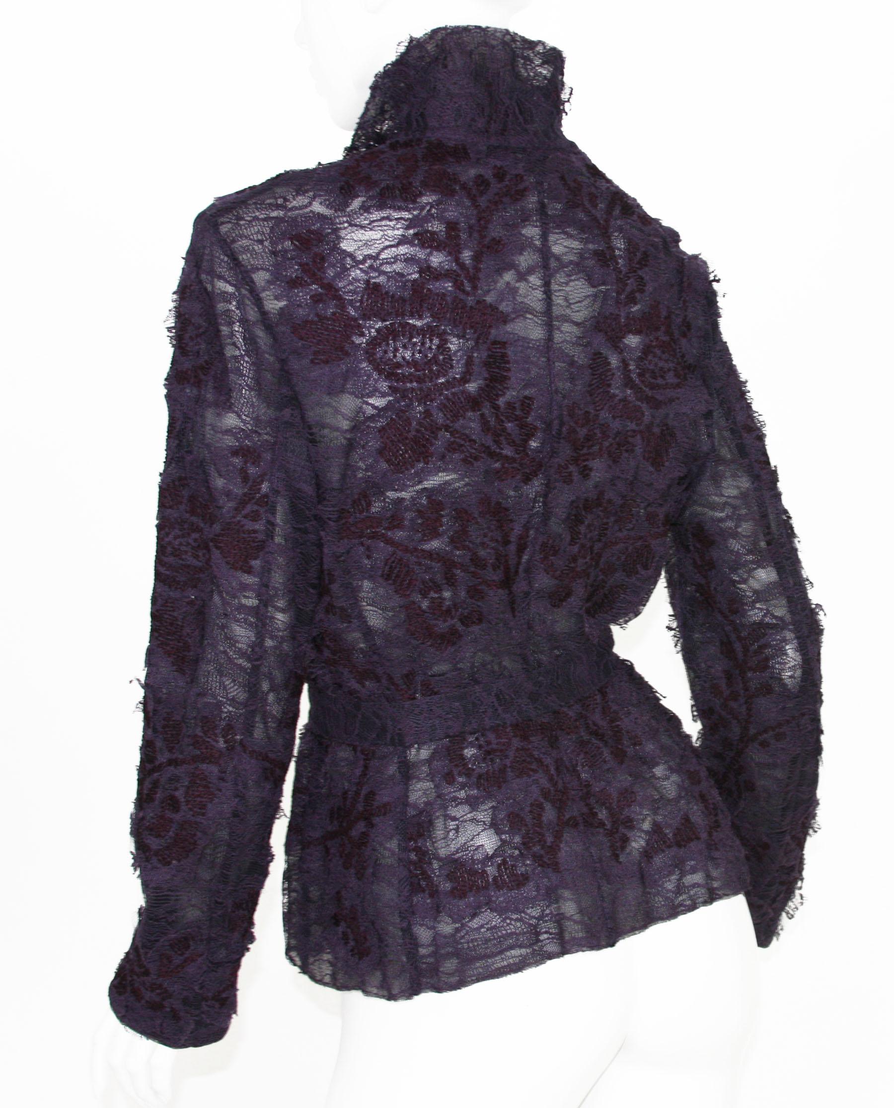 New $4395 Tom Ford for Yves Saint Laurent F/W 2001 Lace Belted Plum Blouse Fr 42 In New Condition For Sale In Montgomery, TX