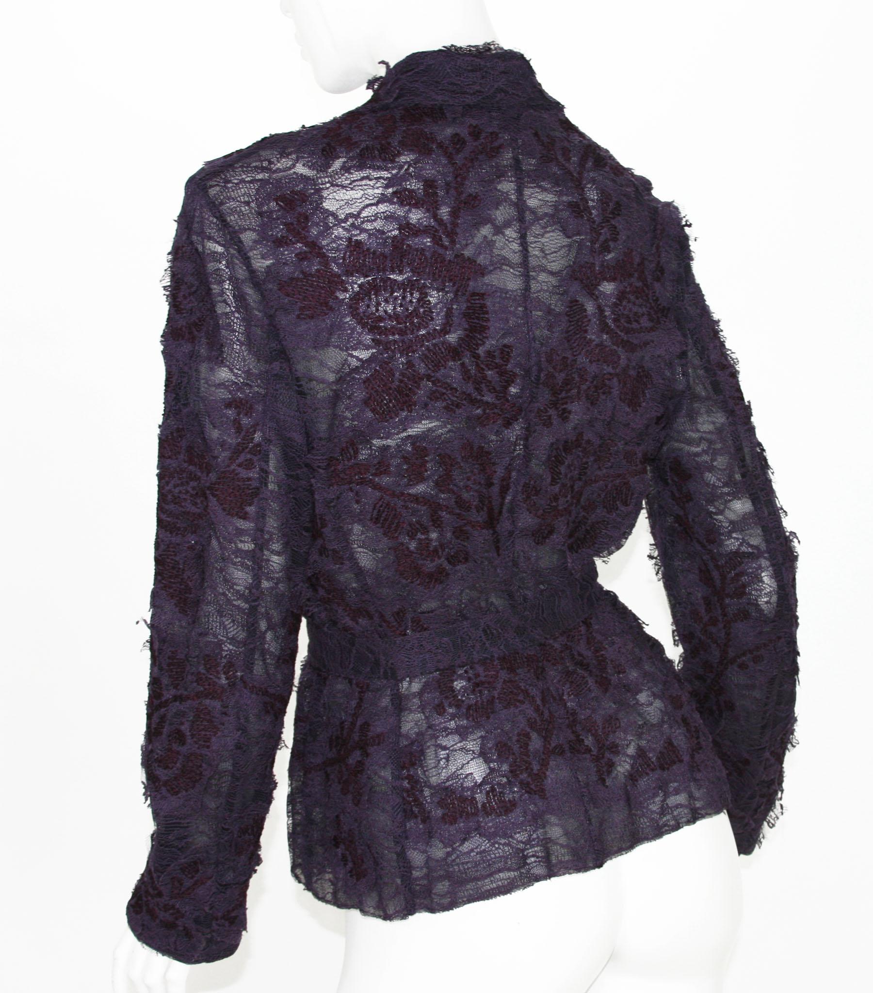 Women's New $4395 Tom Ford for Yves Saint Laurent F/W 2001 Lace Belted Plum Blouse Fr 42 For Sale