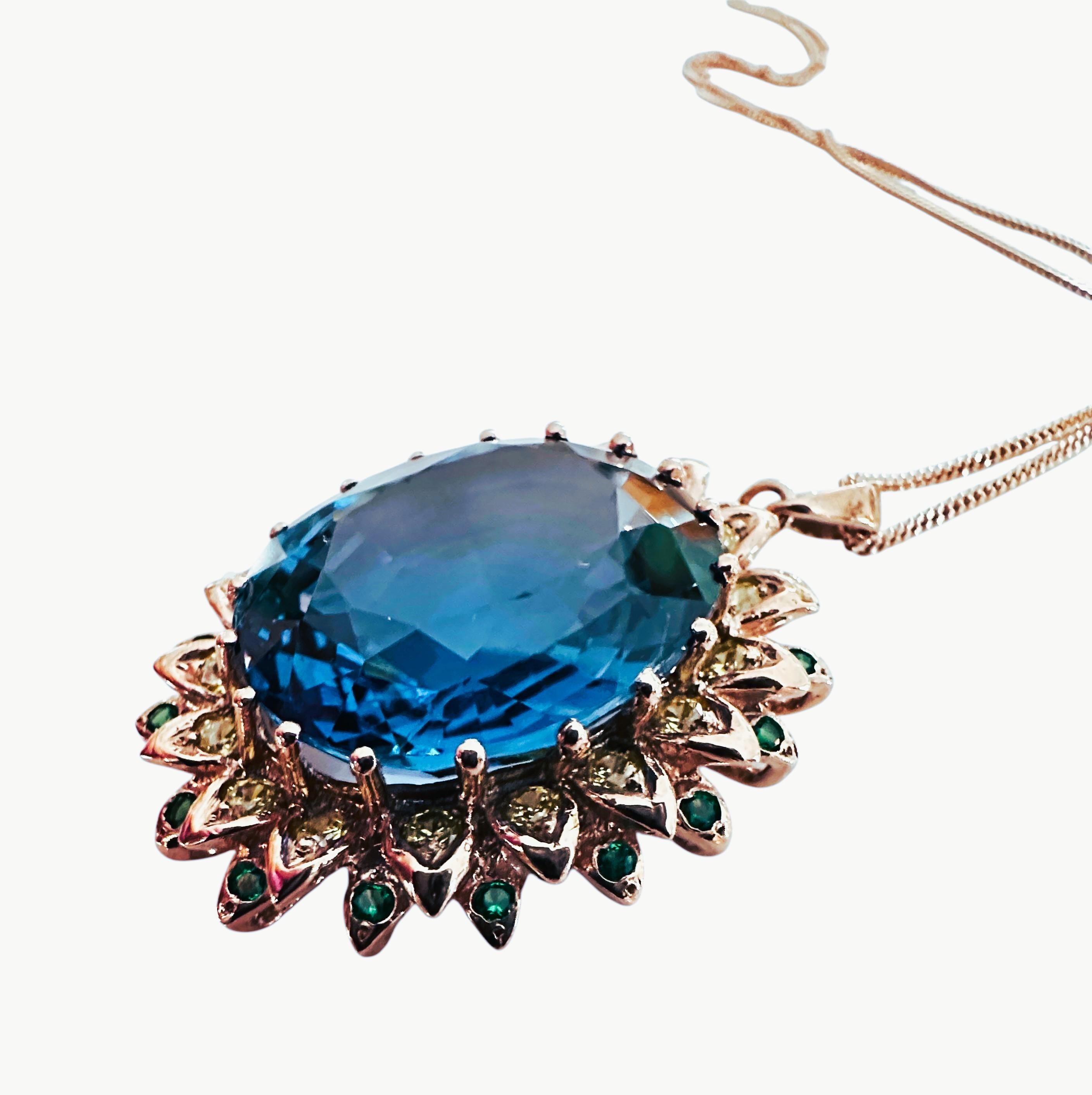 Neu 44 Karat Londoner Blautopas & Diamantschliff Saphir R Gold P Sterling Halskette 12